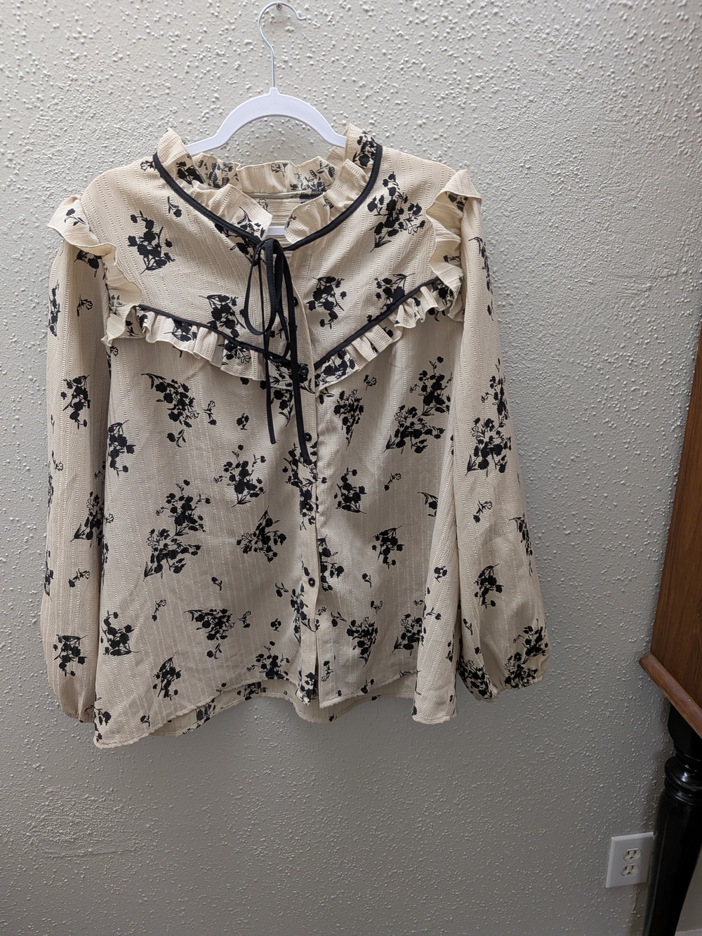 Women's Floral Blouse In Black and Beige with Tie Neck